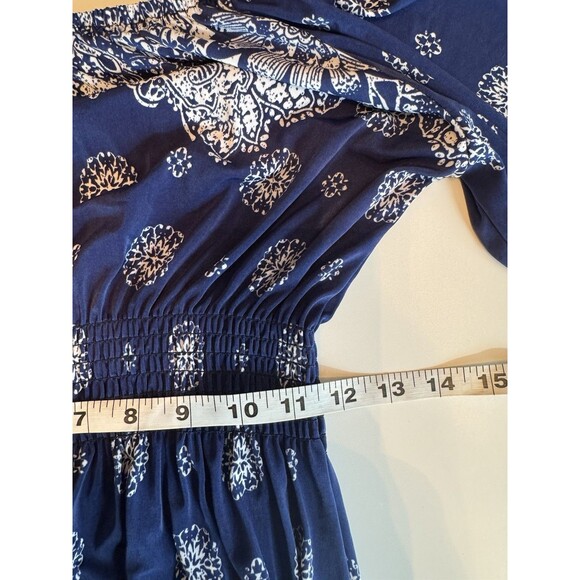 Woman Navy Blue White Paisley Maxi Dress Boho Medallion Bandanna Print Summer 1X - Picture 10 of 11